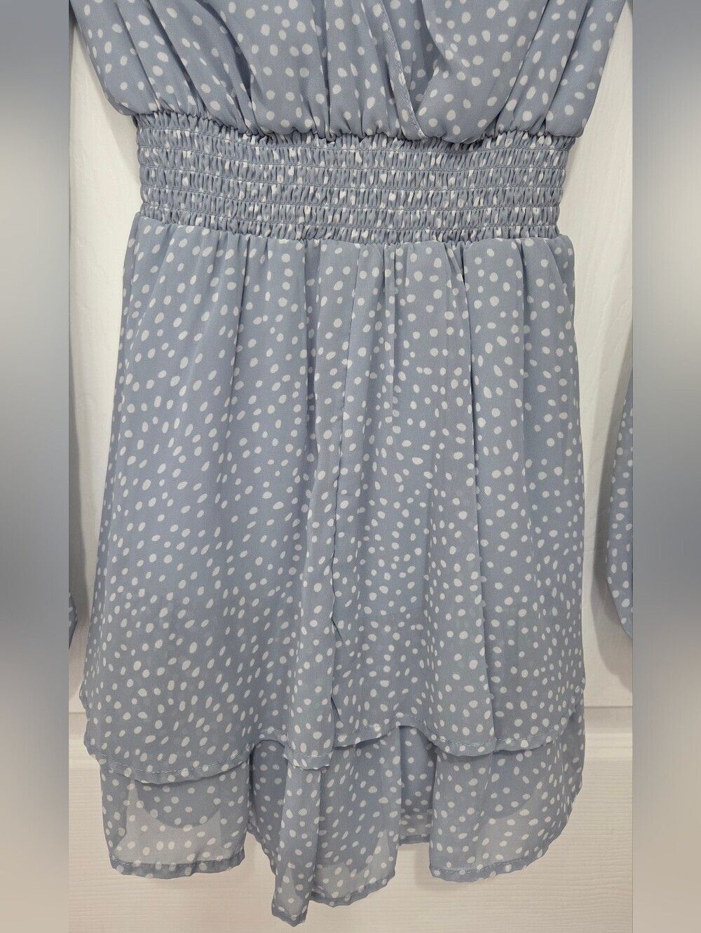Japna Ruffle Chiffon Polka Dot Blue Romper Long Sleeves V-neck Women’s Size XS - Picture 8 of 9